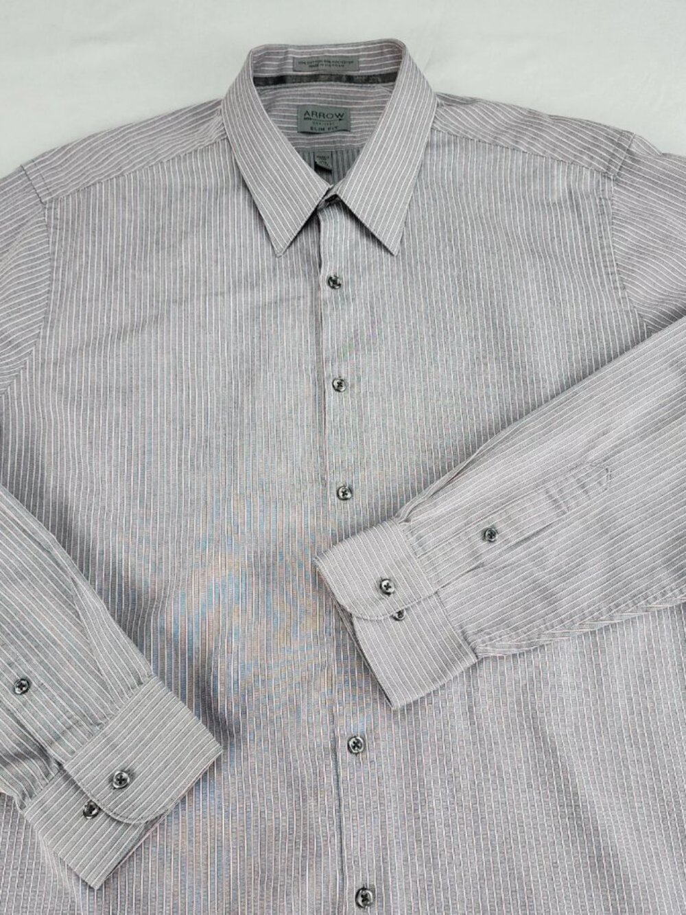 ARROW Dress Shirt Slim Fit Men's XL 17.5 36/37 Gray Red White Stripe Wrinkle Fre